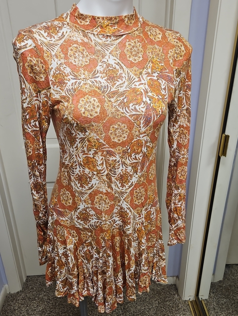 Free People Open-Back Long-Sleeve Victorian  Floral Print Dress in Rust